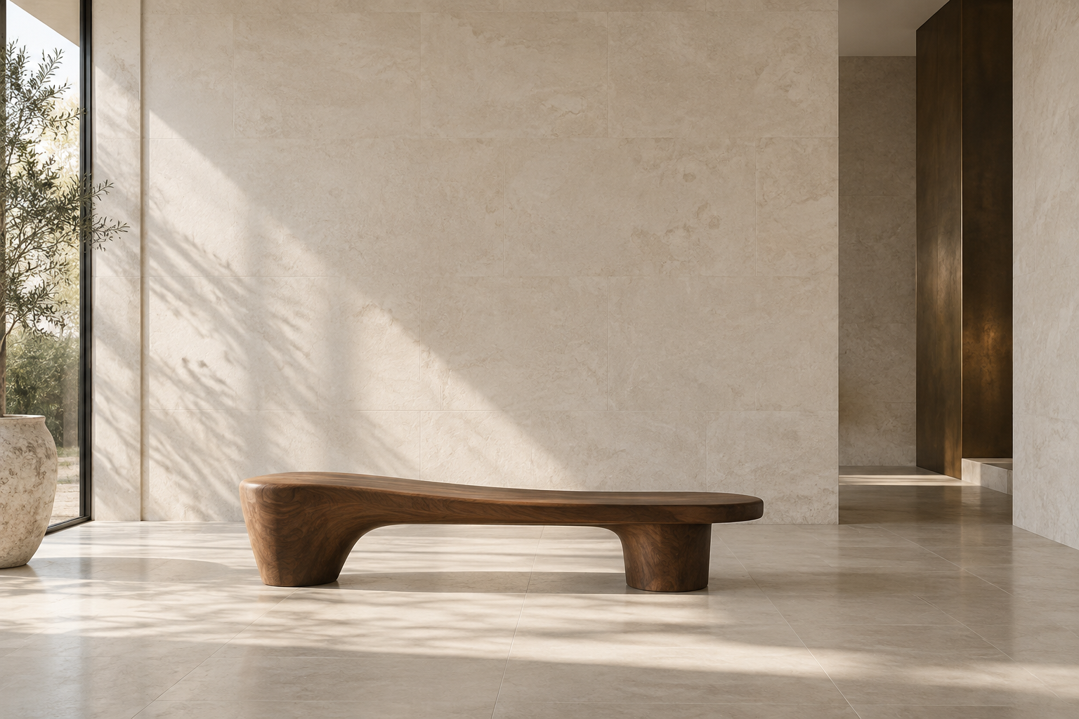 An illustrative gallery interior with a walnut bench, stone walls and soft daylight